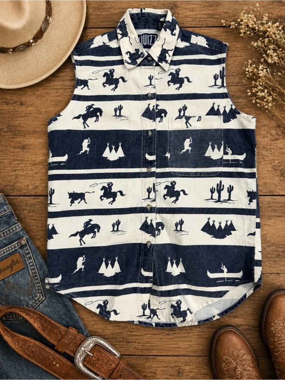 Navy & White Western Print Button-Down Shirt